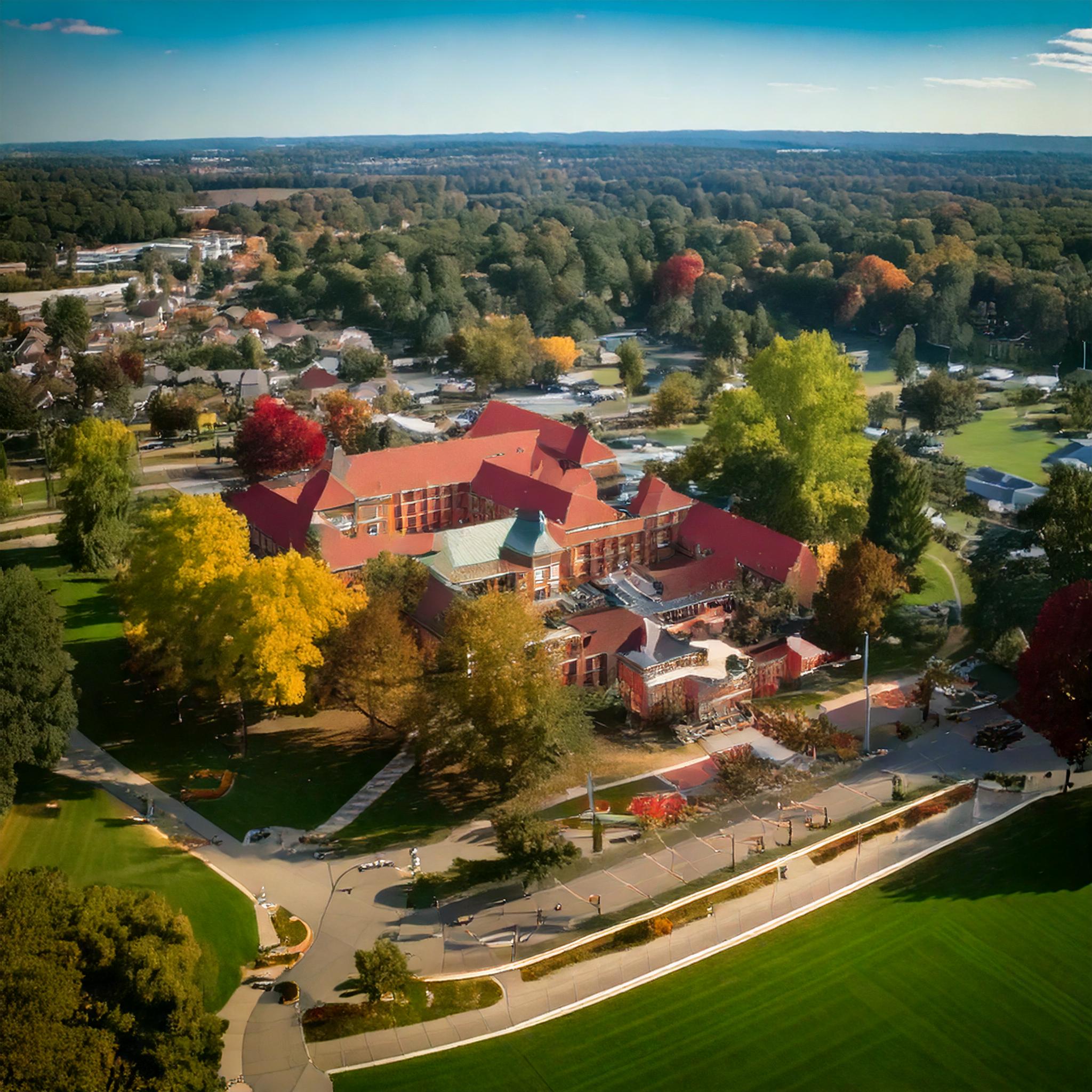 a large school building surrounded by trees